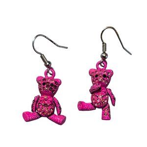 y2k Teddy Bear Dangle Earrings With Pink Rhinestones & Fishhook Ear Wires